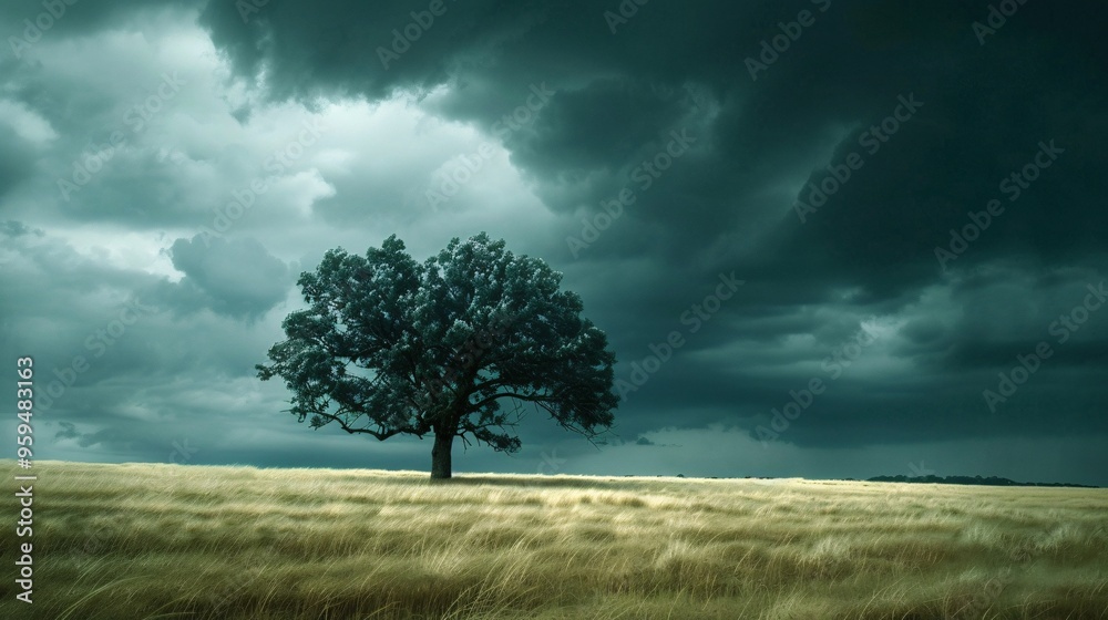 Fototapeta premium A solitary tree standing tall in the middle of an open field, with dark, ominous storm clouds gathering overhead. The dramatic contrast between the tree and the approaching storm creates a powerful,