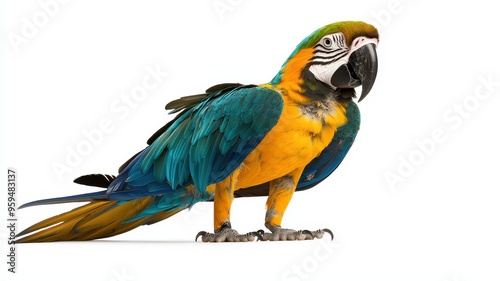 Vibrant parrot with colorful feathers, showcasing yellow and blue hues, ideal for wildlife and nature-themed designs.
