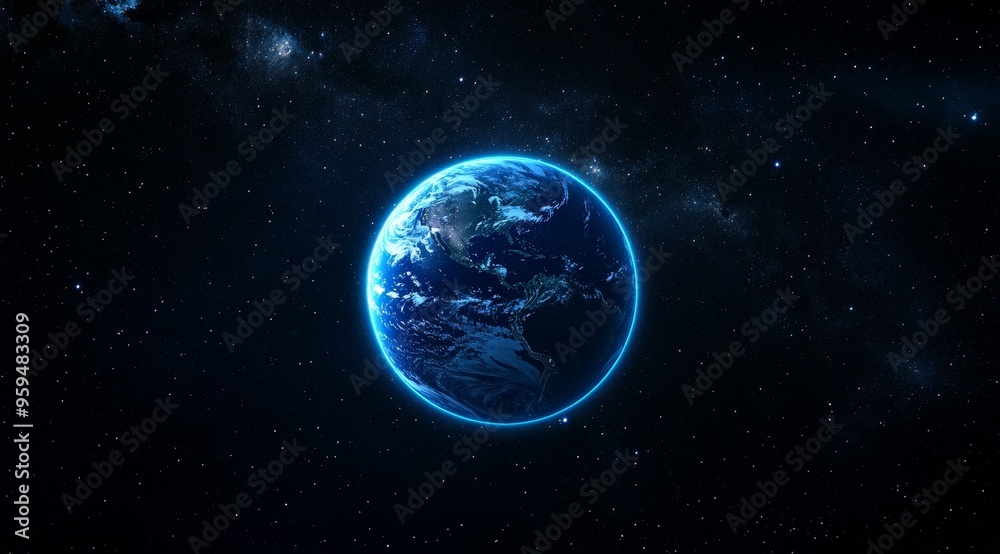 Obraz premium A glowing blue planet Earth seen from space with stars in the background.