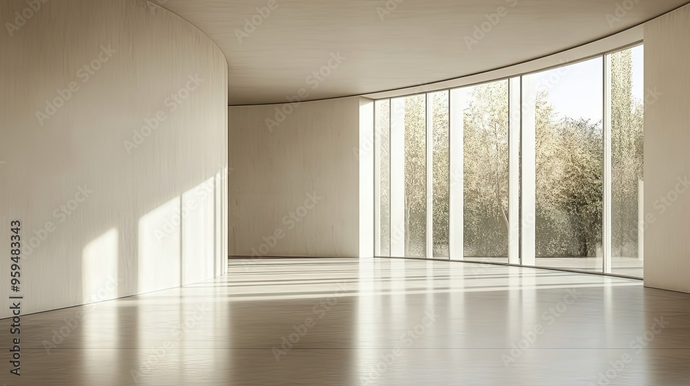 Fototapeta premium Curved wall with large window and sunlight streaming through