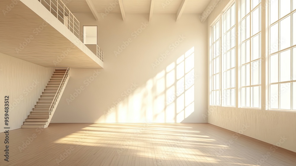Empty Modern Room with Staircase, Large Windows, and Sunbeams