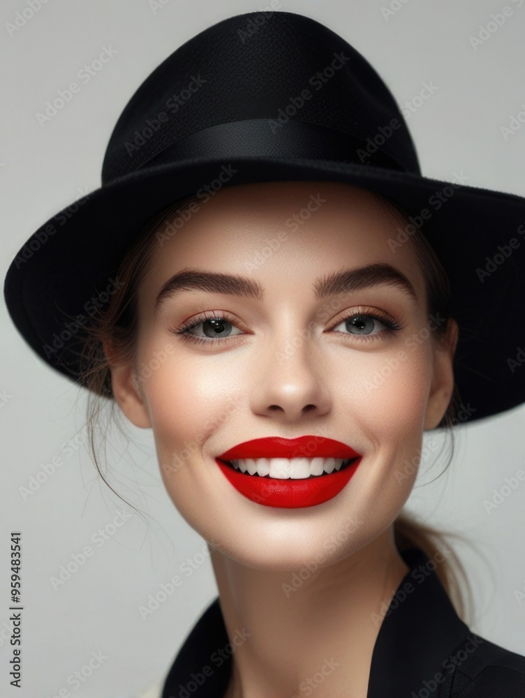 Fashion Smile pretty woman with red lips wearing a black hat over a white background Fashion Smile pretty woman with red lips wearing a black hat over a white background