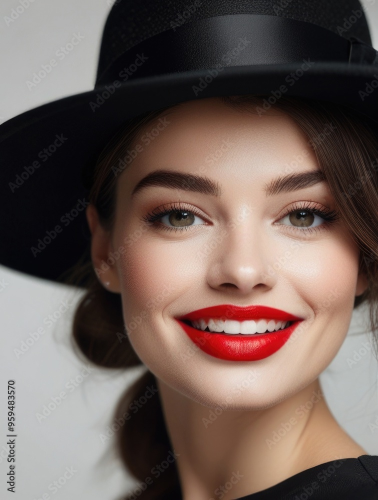 Fashion Smile pretty woman with red lips wearing a black hat over a white background Fashion Smile pretty woman with red lips wearing a black hat over a white background