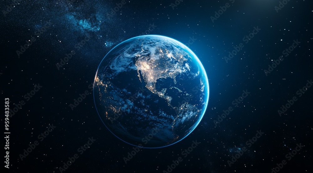 A stunning view of planet Earth from space, showcasing the bright lights of cities and the vast darkness of the cosmos. A stunning view of planet Earth from space, showcasing the bright lights of cities and the vast darkness of the cosmos.