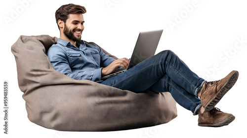 Man Working on a Laptop While Relaxing in a Beanbag Chair with a White Background