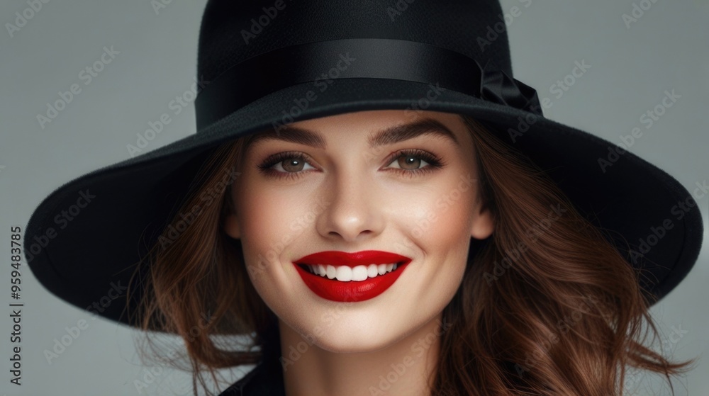 Fashion Smile pretty woman with red lips wearing a black hat over a white background Fashion Smile pretty woman with red lips wearing a black hat over a white background