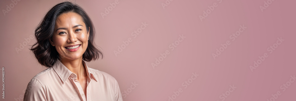 Fit and beautiful 45 year old asian american woman smiling regular fit banner with empty space for text and design Fit and beautiful 45 year old asian american woman smiling regular fit banner with empty space for text and design