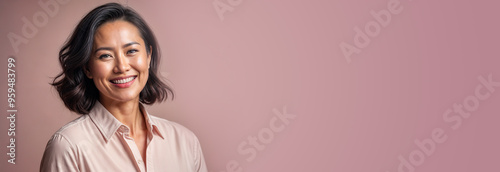 Fit and beautiful 45 year old asian american woman smiling regular fit banner with empty space for text and design