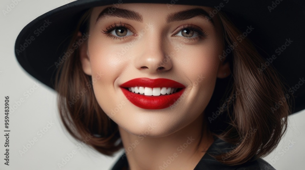 Fashion Smile pretty woman with red lips wearing a black hat over a white background Fashion Smile pretty woman with red lips wearing a black hat over a white background