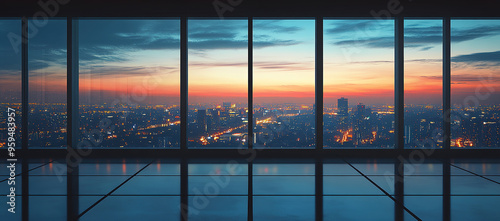 Modern office interior featuring panoramic floor-to-ceiling windows overlooking a city skyline at dusk