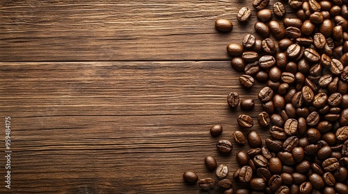 Roasted coffee beans scattered across a rustic wooden surface leaving ample copy space available on the right side of the image for text placement or additional design elements