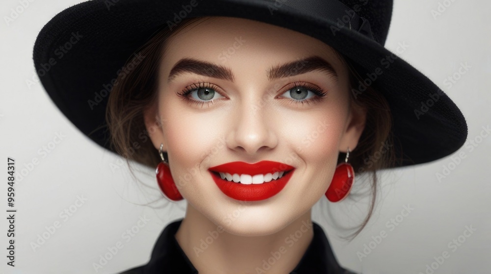 Fashion Smile pretty woman with red lips wearing a black hat over a white background Fashion Smile pretty woman with red lips wearing a black hat over a white background