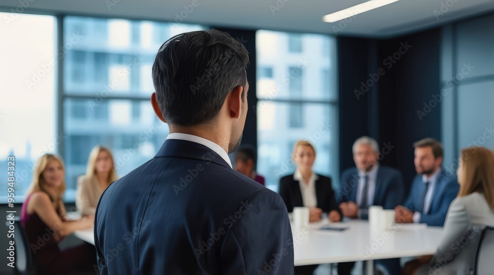 Confident businessman giving a presentation in front of crowd in meeting conference seminar room. Leadership authority teamwork in business concept