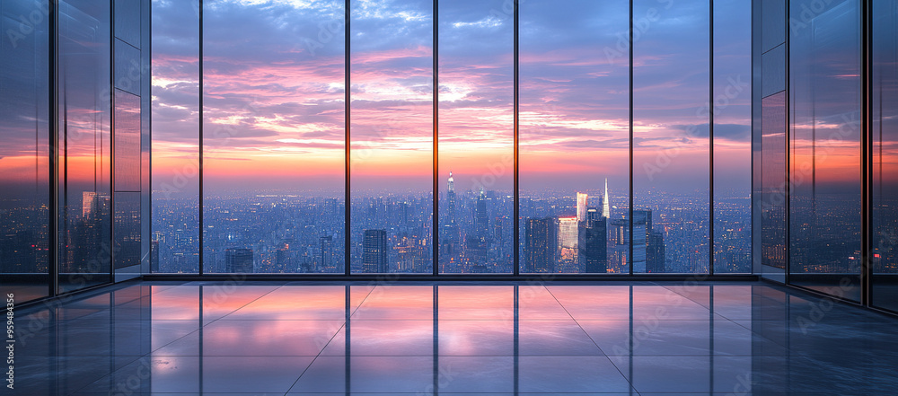 Fototapeta premium Modern office interior featuring panoramic floor-to-ceiling windows overlooking a city skyline at dusk