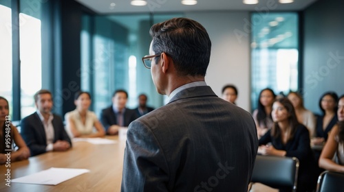 Confident businessman giving a presentation in front of crowd in meeting conference seminar room. Leadership authority teamwork in business concept