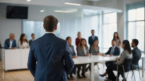 Confident businessman giving a presentation in front of crowd in meeting conference seminar room. Leadership authority teamwork in business concept