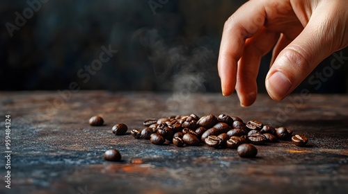 Close up of a person s hand gently holding a few fresh organic coffee beans over a simple minimalist table or countertop setting photo