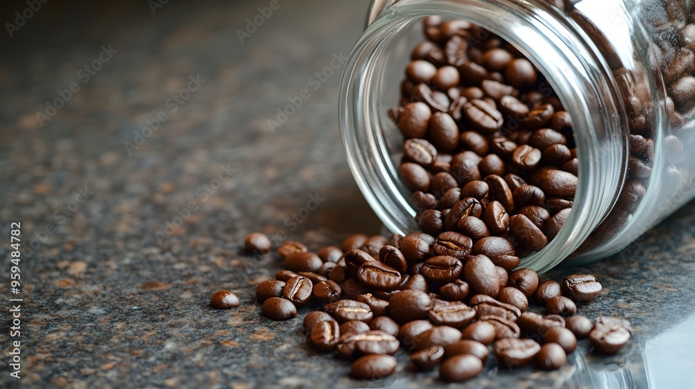 Freshly Roasted Coffee Beans Spilling from Glass Jar onto Countertop with Ample Copy Space for Text Overlay Freshly Roasted Coffee Beans Spilling from Glass Jar onto Countertop with Ample Copy Space for Text Overlay