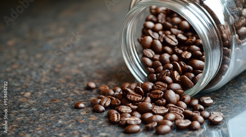 Freshly Roasted Coffee Beans Spilling from Glass Jar onto Countertop with Ample Copy Space for Text Overlay