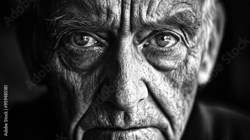 A black-and-white portrait of an elderly man, his face etched wi