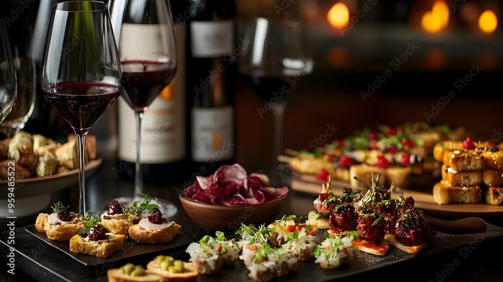 A refined wine and tapas presentation in a luxurious deep-toned lounge A refined wine and tapas presentation in a luxurious deep-toned lounge