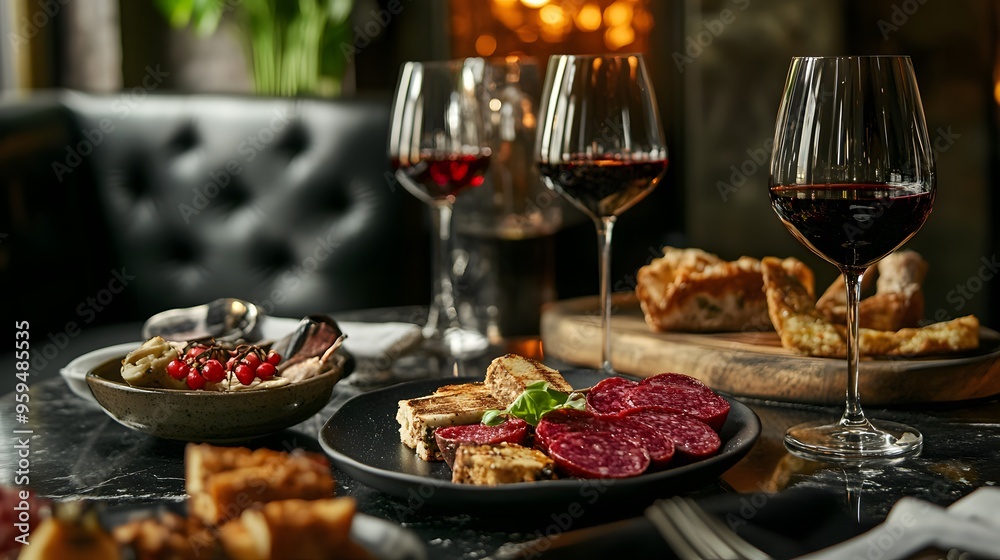A refined wine and tapas presentation in a luxurious deep-toned lounge A refined wine and tapas presentation in a luxurious deep-toned lounge