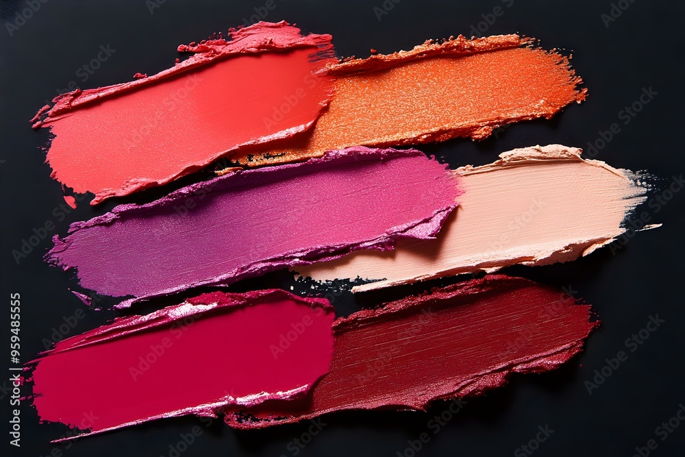 Lipstick burgundy purple pink red orange beige palette set smudge background texture isolated on black background Lipstick burgundy purple pink red orange beige palette set smudge background texture isolated on black background