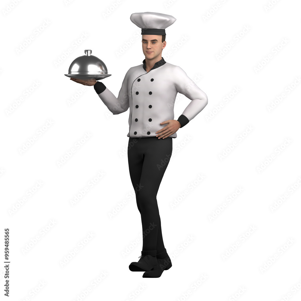 3D Cartoon Chef. A male chef is standing carrying a plate with a cloche lid in his right hand while his left hand is on his waist. Gourmet Professional 3D Cartoon Chef. A male chef is standing carrying a plate with a cloche lid in his right hand while his left hand is on his waist. Gourmet Professional