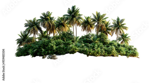 Tropical Island with Lush Palm Trees and Sandy Beach Set on Transparent Background