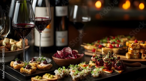A refined wine and tapas presentation in a luxurious deep-toned lounge