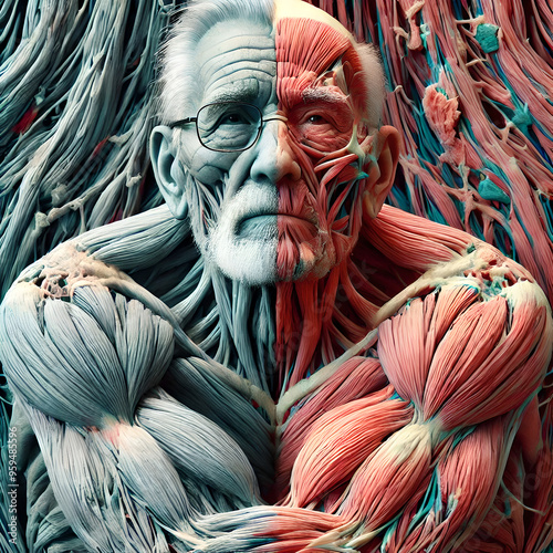 3D showing gradual degeneration of muscle tissue in elderly individuals, focusing reduction in muscle mass (sarcopenia), loss of muscle strength. muscle fibers, increase in connective tissue.