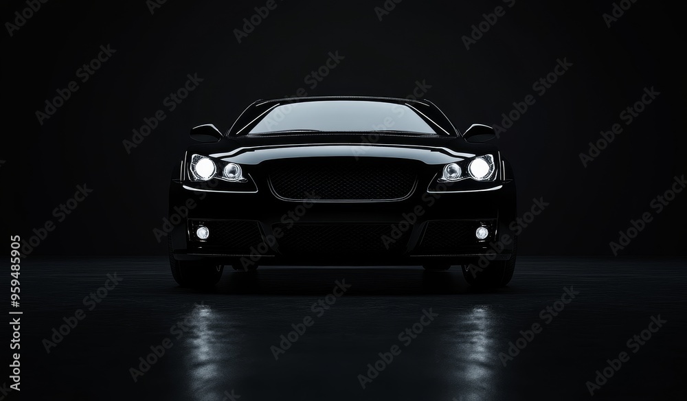 A black car with headlights on in a dark setting, front view. A black car with headlights on in a dark setting, front view.