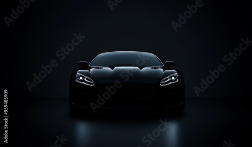 A sleek black sports car with headlights on, against a dark background.