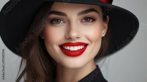 Fashion Smile pretty woman with red lips wearing a black hat over a white background