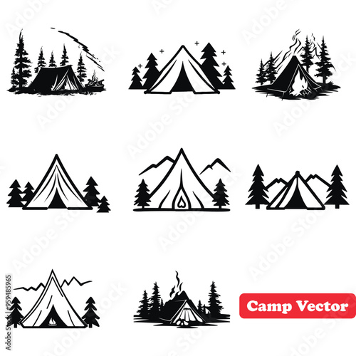 Trailblazing Adventures Diverse Camping Vector Silhouette Collection for Outdoor Enthusiasts