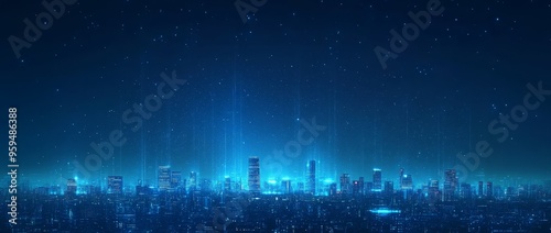 Futuristic cityscape with glowing blue lights and abstract patterns.