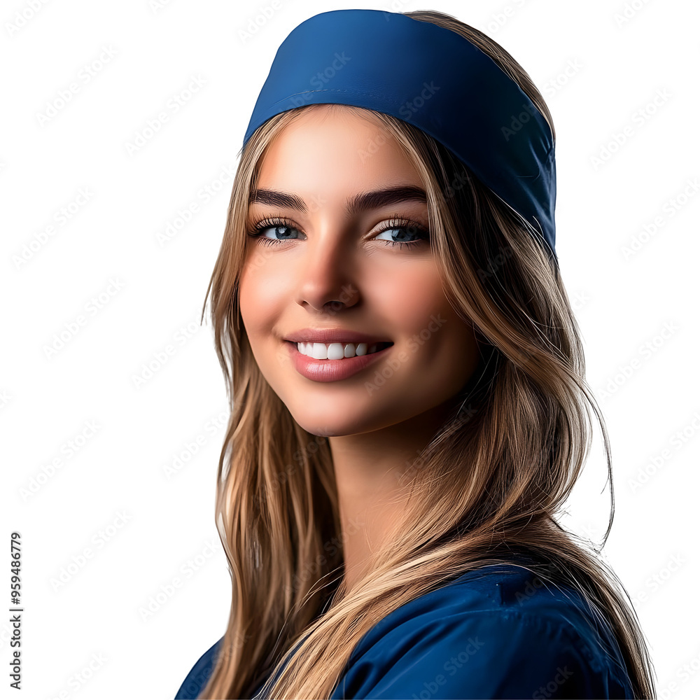 Smiling woman in blue scrubs and headband isolated on transparent background, portrait of a happy female healthcare professional with long blonde hair. Smiling woman in blue scrubs and headband isolated on transparent background, portrait of a happy female healthcare professional with long blonde hair.