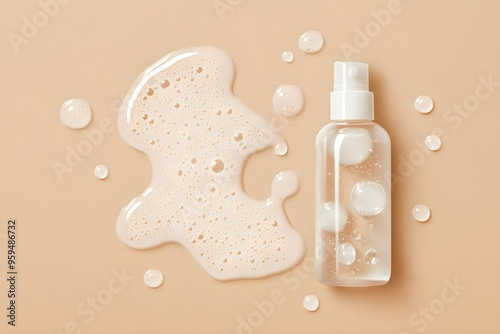Glowing white drops shimmering cosmetic miracle texture gel body spray isolated on beige