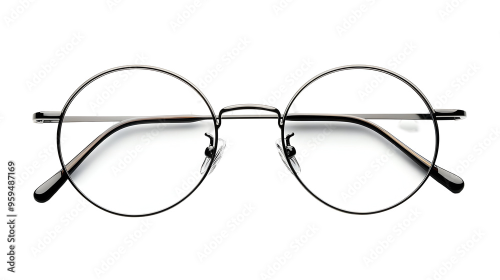 Classic Round Metal Frame Eyeglasses with Transparent Lenses Isolated on Transparent Background.