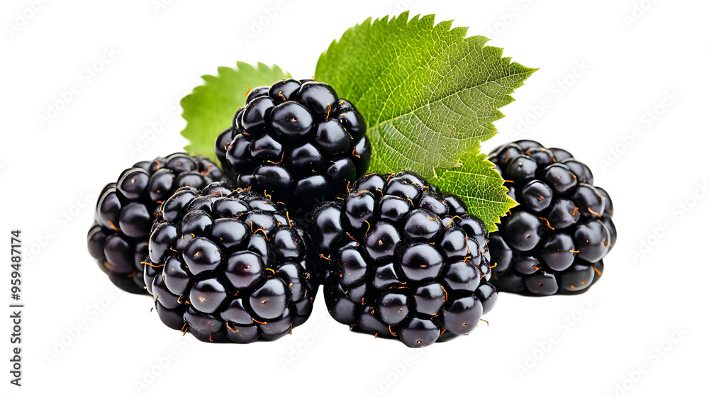 Close-up of Ripe Blackberries with Green Leaves Arranged on a White Background Isolated in a Transparent Background PNG Close-up of Ripe Blackberries with Green Leaves Arranged on a White Background Isolated in a Transparent Background PNG