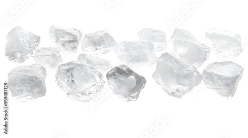 Large Clear Ice Cubes Scattered On a White Transparent Background, Isolated Ice, Crystallized Water