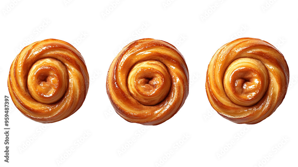 Three Golden Brown Pastry Swirls with a Shiny Glaze Isolated on a Transparent Background Three Golden Brown Pastry Swirls with a Shiny Glaze Isolated on a Transparent Background