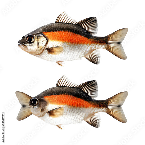 Two realistic 3D fish with orange stripe, gray scales, and black fins, swimming to the right, with transparent background.