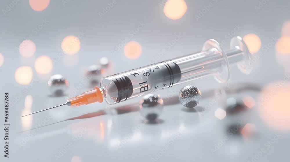 Close up photographic view of a clear glass or plastic syringe filled with a transparent liquid representing a flu vaccination or immunization shot Close up photographic view of a clear glass or plastic syringe filled with a transparent liquid representing a flu vaccination or immunization shot
