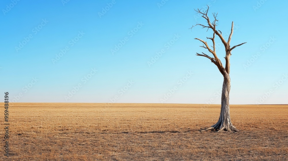 Lone Weathered Tree in Vast Arid Desert Landscape Lone Weathered Tree in Vast Arid Desert Landscape
