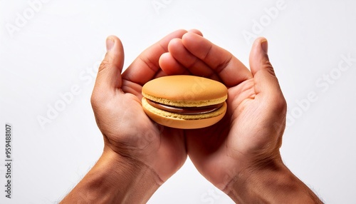 White hands of man holding dorayaki on white background isolated