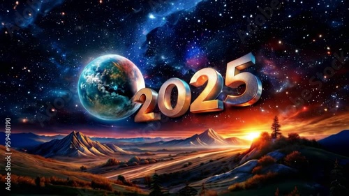 A Futuristic Vision of Earth Set in the Year 2025, Complete with a Stunning Cosmic Background