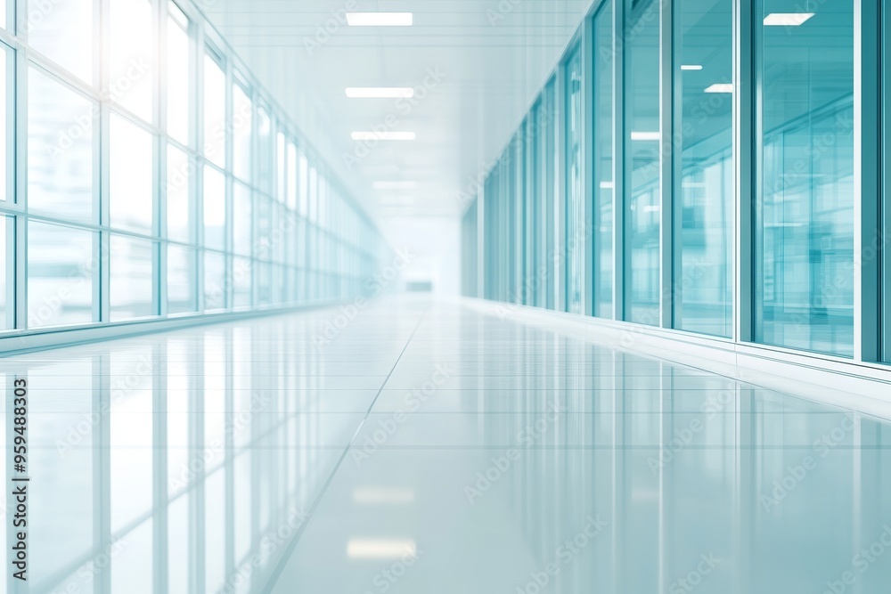 A long, empty hallway with large windows and a tiled floor, creating a modern and minimalist interior design. A long, empty hallway with large windows and a tiled floor, creating a modern and minimalist interior design.