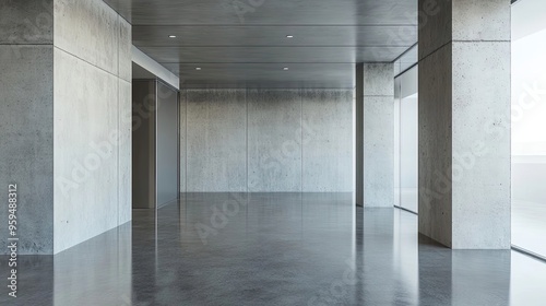Empty Concrete Room with Reflective Floor and Window