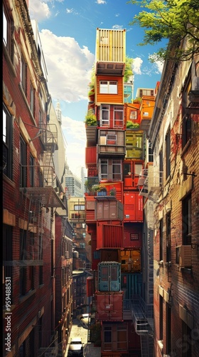 Urban Housing Innovation Stacked Shipping Container Building in a City Alley.